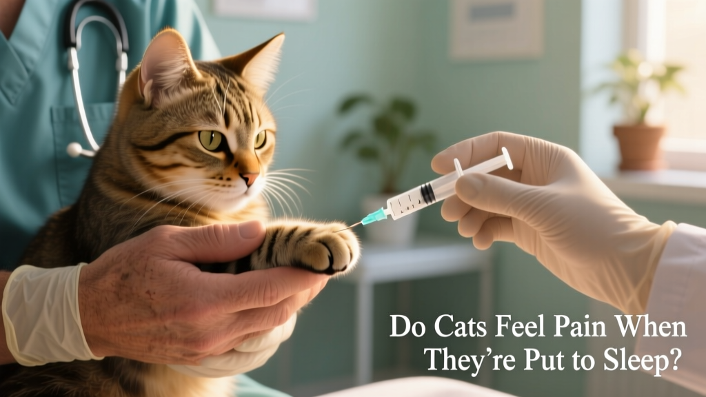 A gentle close-up of a veterinarian’s hand holding a cat’s paw while another hand administers an injection—symbolizing compassion, precision, and care during euthanasia