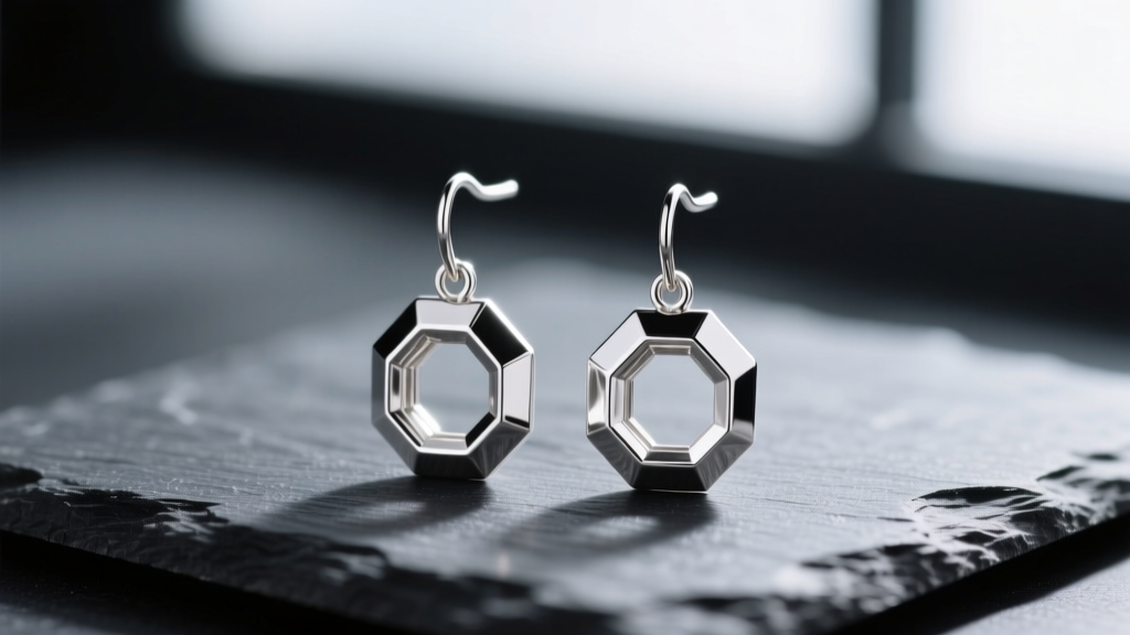 Macro shot of sterling silver hexagon drop earrings on dark slate, highlighting sharp geometric edges and a mirror-polish finish