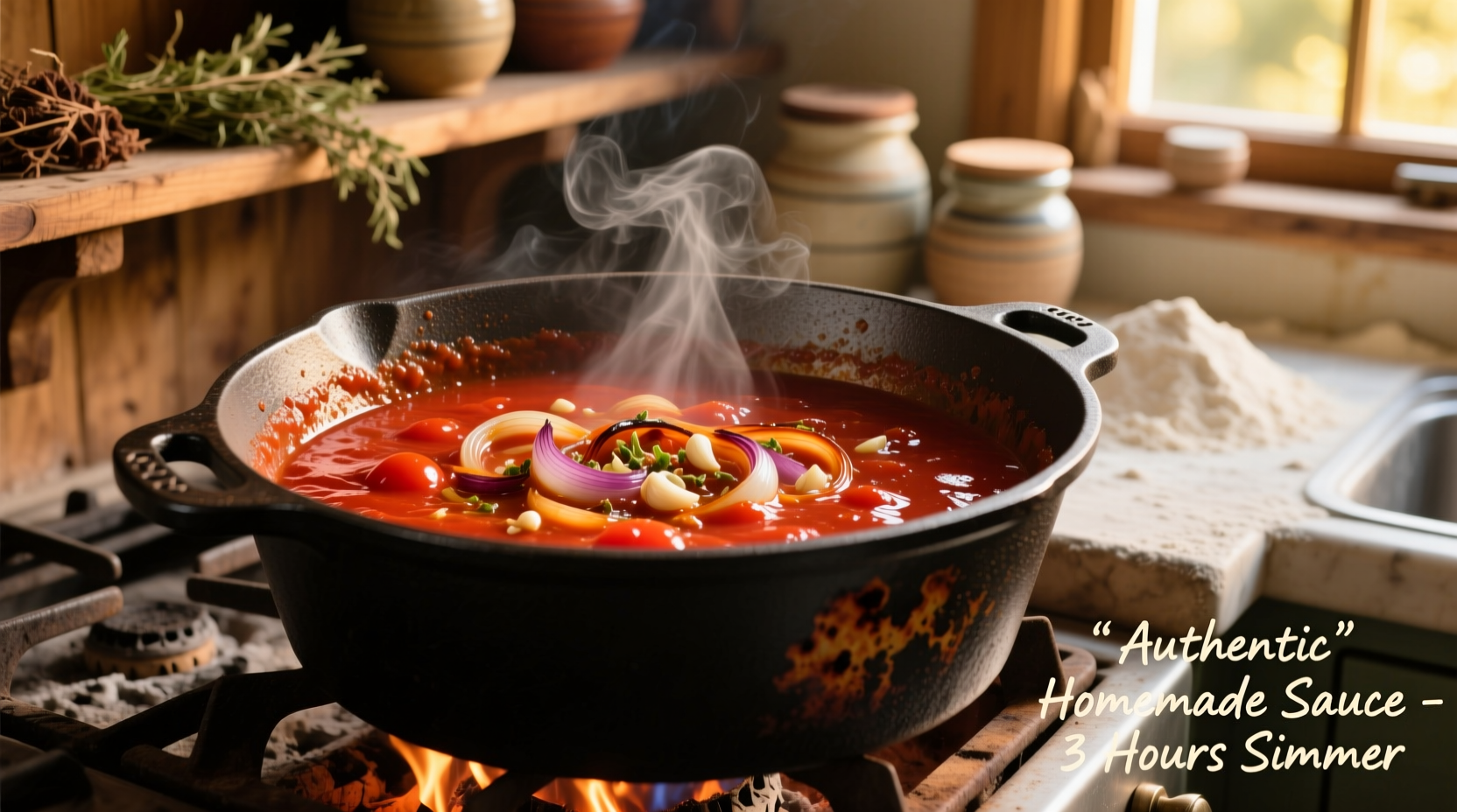 Homemade tomato sauce simmering in cast iron pot