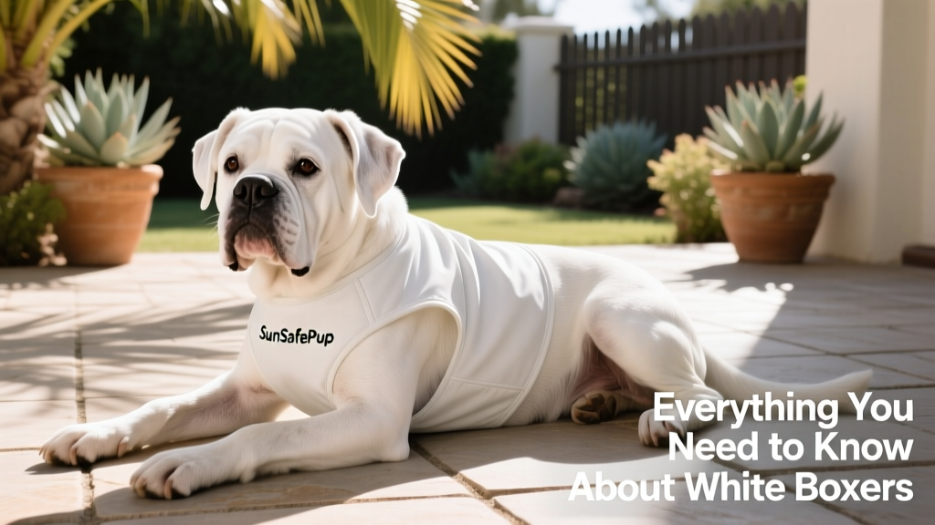 A senior white Boxer resting peacefully on a shaded patio, wearing a lightweight sun-protective vest