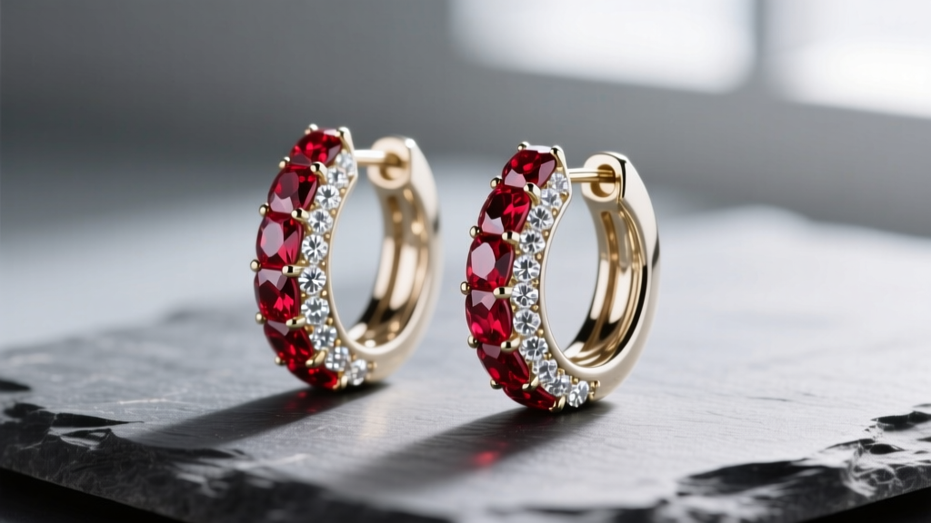 White gold huggies with rubies and moissanite on slate, lit by side lighting to show gem facets and polished metal details.