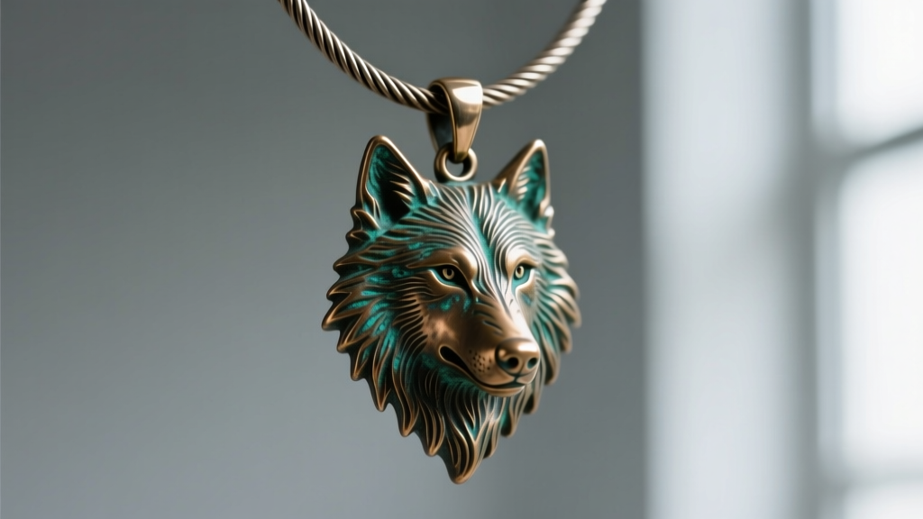 Macro shot of a bronze direwolf pendant on a cable chain, displaying antique patina and realistic fur texture engraving details.