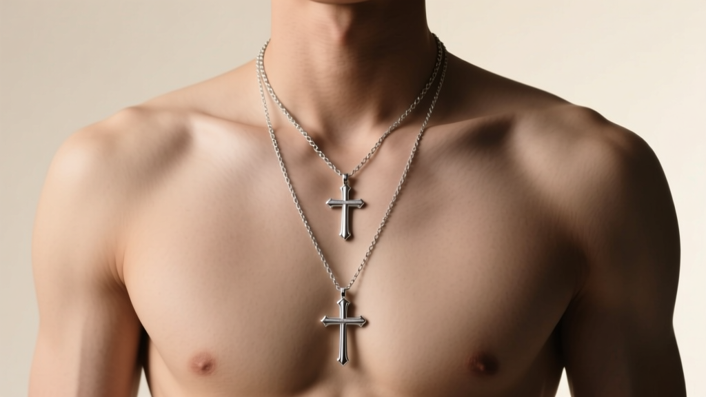Silver cross necklaces on a bust showing 18-inch, 20-inch, and 24-inch chain drops on a male chest form under warm studio light