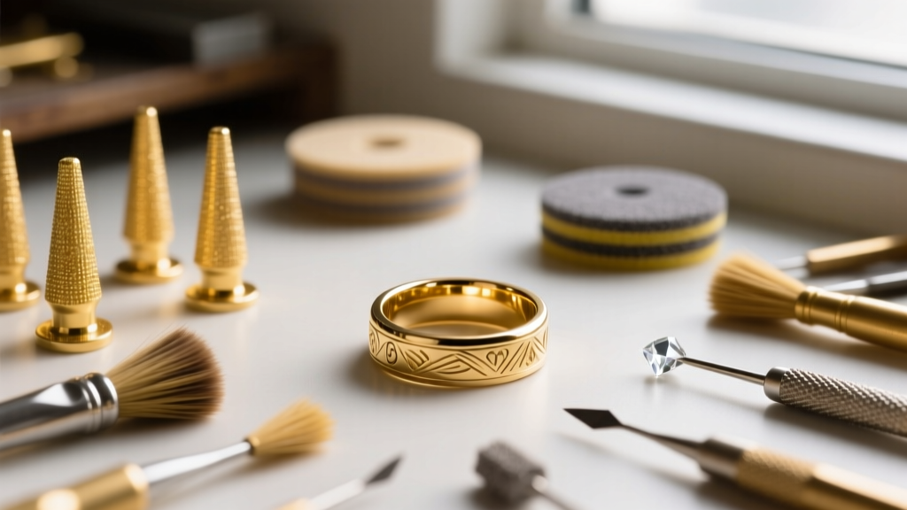 Macro shot of a jeweler workbench with 18k yellow gold casting sprues, polishing tools, and a partially finished custom ring band.