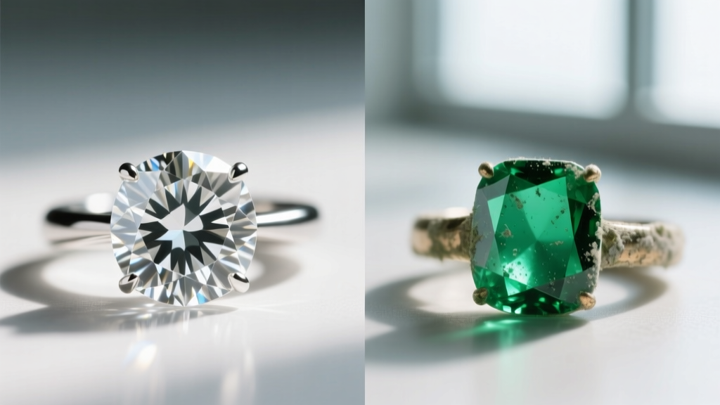 Split view of a pristine diamond ring on the left and a fractured, cloudy emerald ring on the right after ultrasonic cleaning.