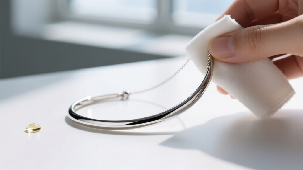 Minimalist silver necklace gently polished with a microfiber cloth, with anti-tarnish solution visible in the blurred background.