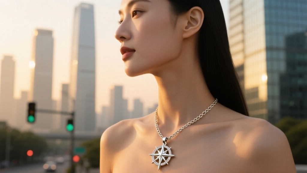 Woman wearing a layered 10k white gold compass star pendant on a box chain, side profile against a blurred city backdrop