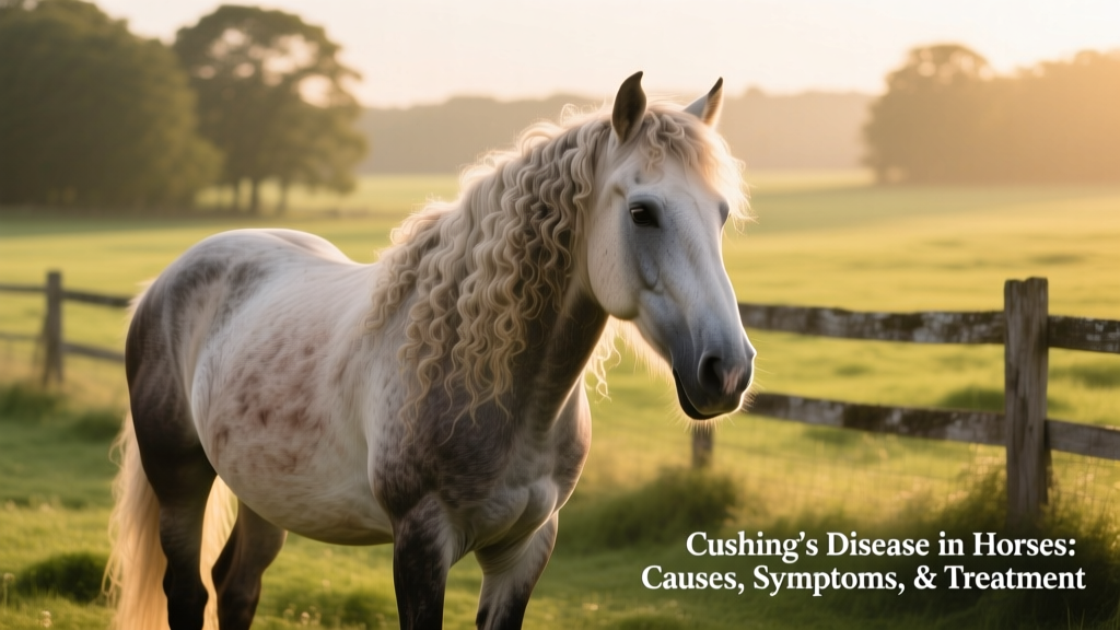 Senior horse with long, curly coat and mild muscle loss standing in pasture