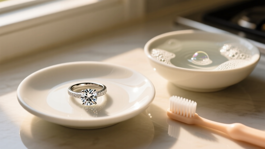 Overhead view of a diamond ring on a white dish next to a bowl of soapy water and a soft baby toothbrush in warm natural lighting