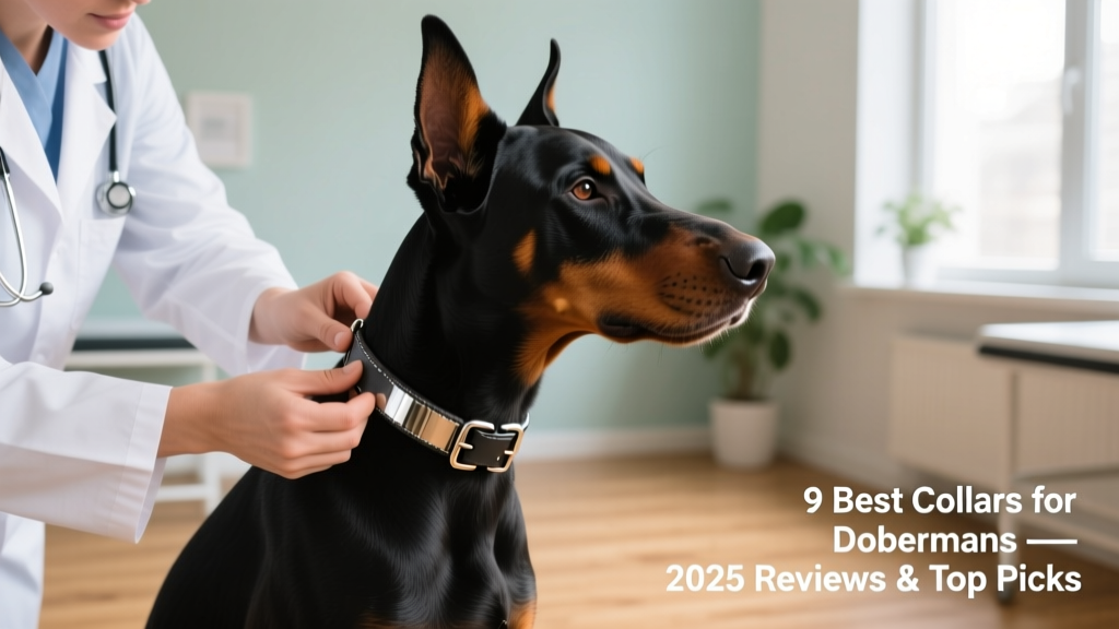 Close-up of a veterinarian gently checking collar fit on a calm Doberman, demonstrating proper two-finger spacing