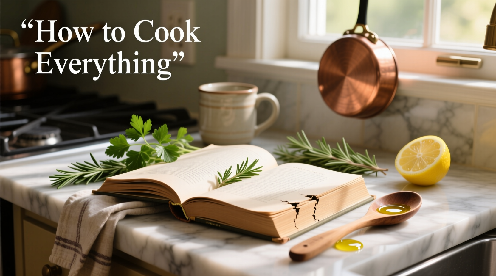 Mark Bittman cookbook on kitchen counter