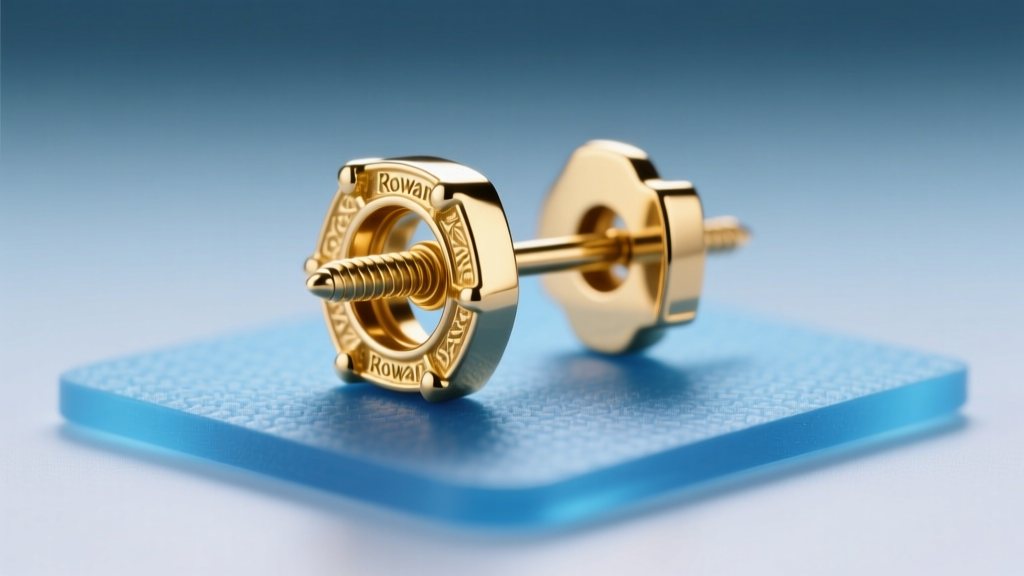 Macro shot of a 14k gold Rowan screw-back earring clutch on a sterile blue pad, illuminated by bright, clean studio lighting.