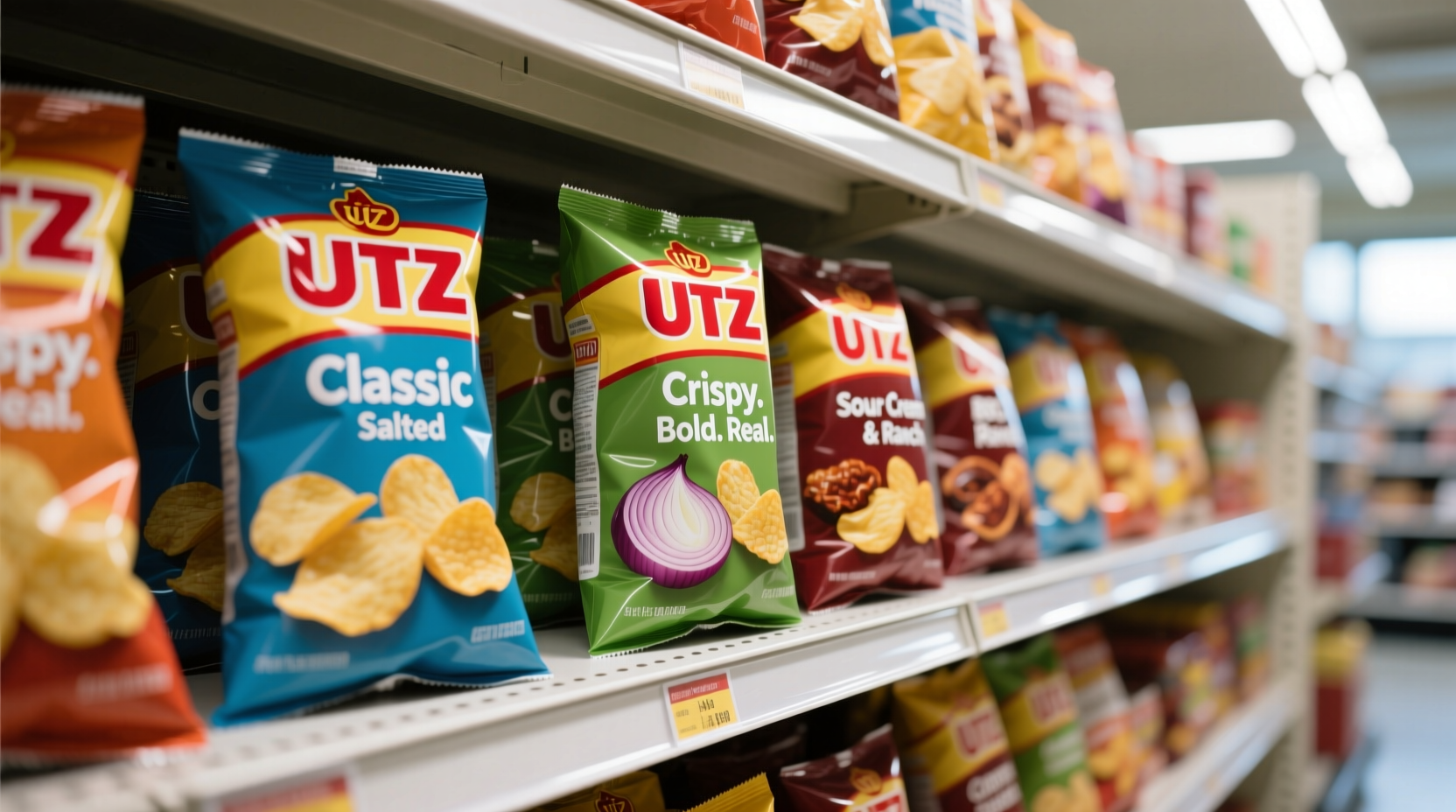 UTZ potato chips varieties displayed on grocery shelf