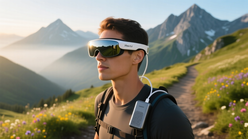 Hiker on sunlit alpine trail wearing Xreal Air 2 Ultra AR glasses, connecting a sleek graphene power bank to the temple cable