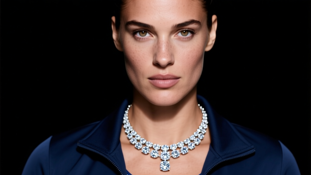 Close-up of a female athlete wearing a sparkling diamond tennis necklace against a navy sports jacket, studio lighting