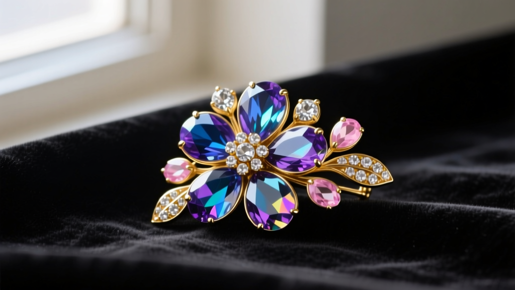 Close-up of a 1950s vintage Kramer gold-plated floral brooch with pavé-set aurora borealis rhinestones on dark velvet cloth.