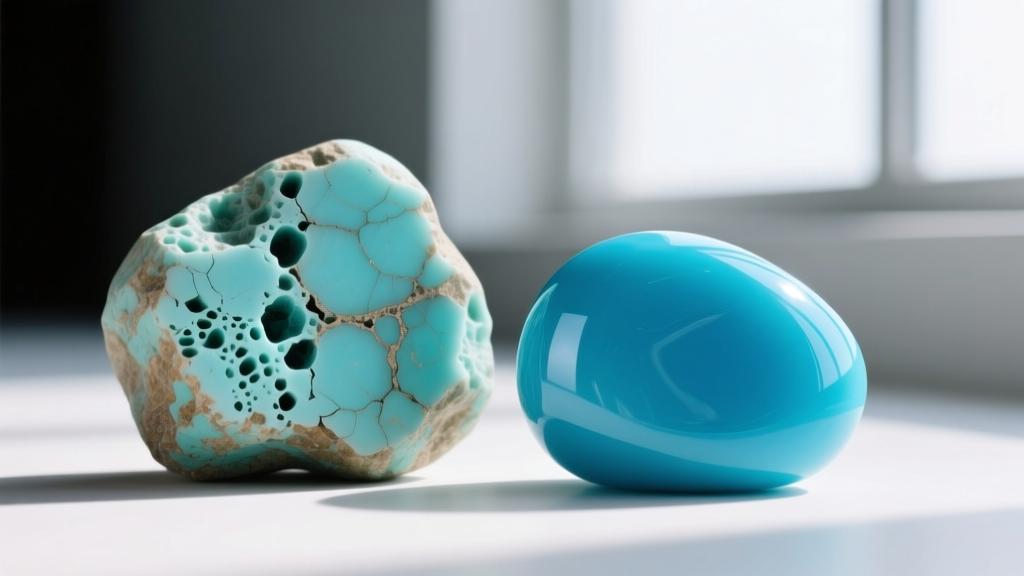 Macro shot of porous untreated turquoise next to glossy stabilized stone showing surface texture differences in bright light