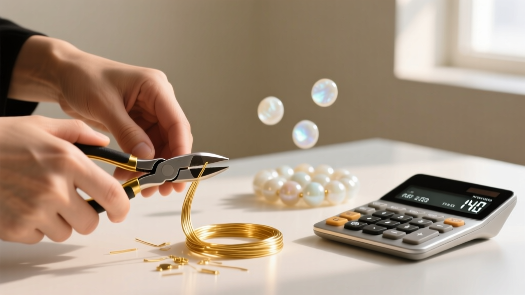 Hands cutting 14k gold wire with flush cutters, next to a pricing calculator and moonstone beads softly blurred in warm lighting.