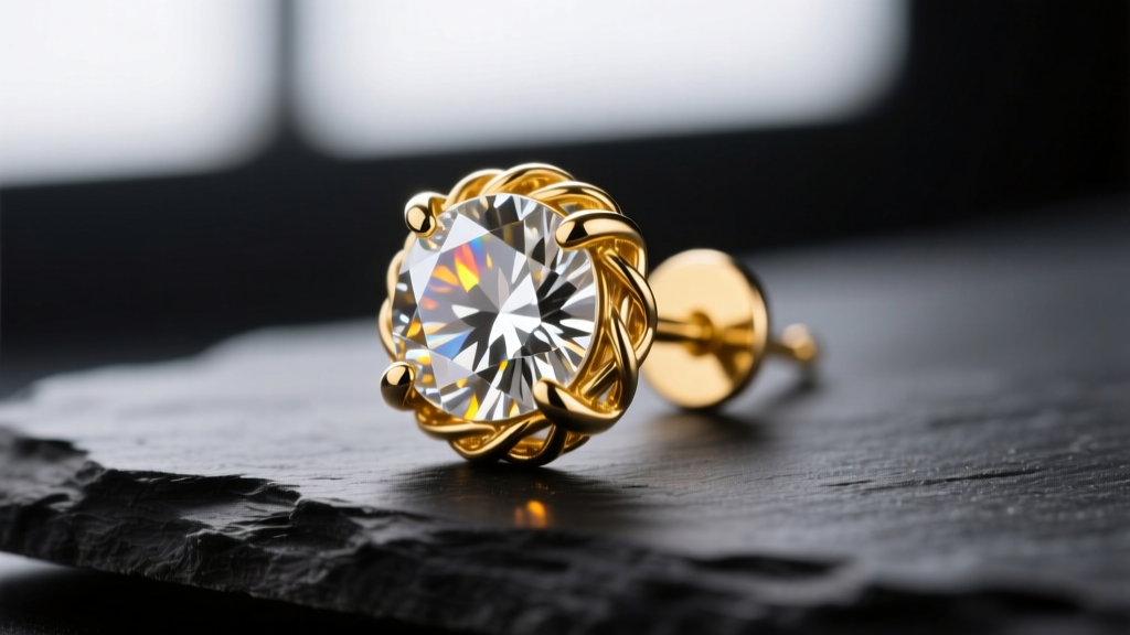 Macro shot of a 4-prong 14k yellow gold basket diamond stud earring on dark slate, showing light entering the stone pavilion.
