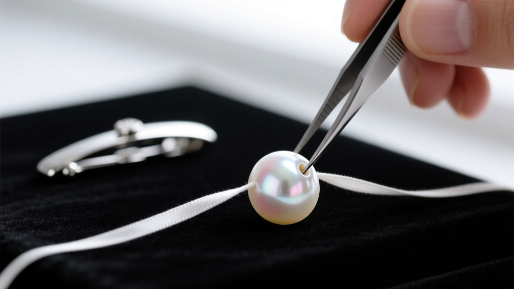 Jeweler threading white silk cord through a pearl drill hole with tweezers, silver clasp visible in the blurred background.