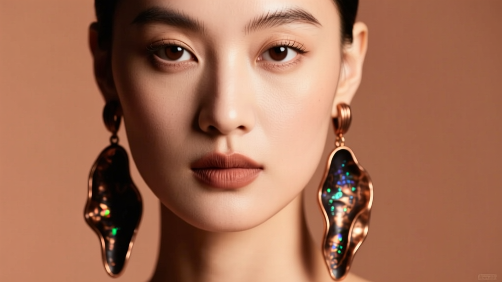 Close-up of a model wearing long textured bronze drop earrings with dark oxidized patina against a soft warm studio backdrop