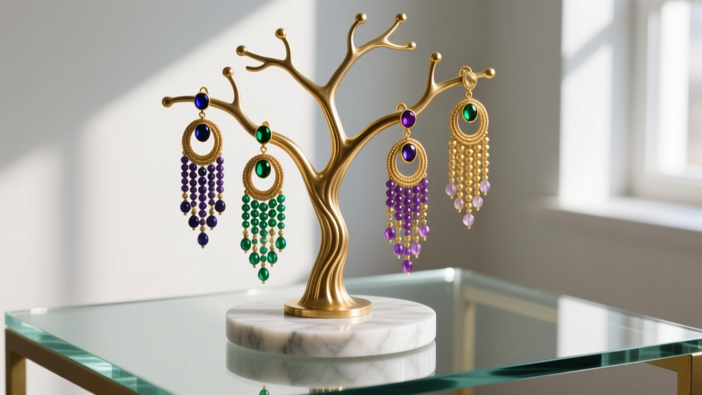 Heavy brass earrings display tree with a wide weighted marble base, showcasing long beaded dangle earrings on a glass desk