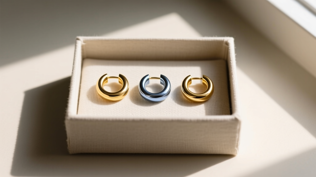 Small linen box holding three pairs of budget-friendly 14k gold and niobium huggie hoops illuminated by soft natural window light