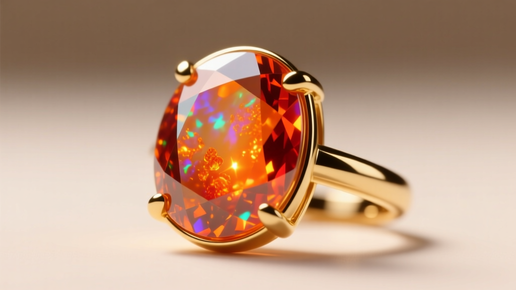Macro photography of a Mexican fire opal cabochon in a 14k gold bezel setting, highlighting internal orange and red flashes.