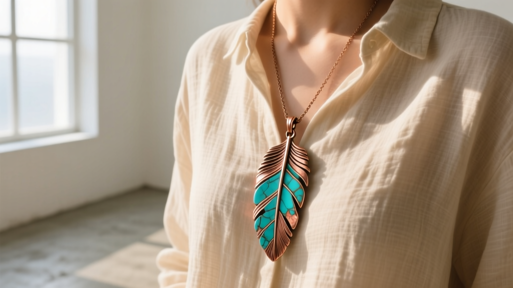 Layered copper and genuine turquoise feather pendant necklace, worn over a beige linen shirt in bright, warm natural sunlight.
