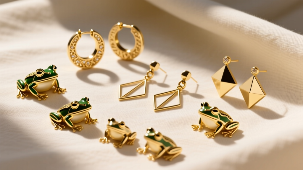 Flat lay of various gold frog earring styles including enamel huggies and minimalist line-art dangles on cream linen cloth.