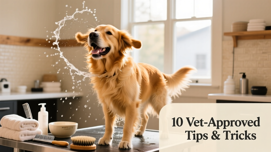 Happy Golden Retriever shaking off water after a bath, surrounded by grooming supplies