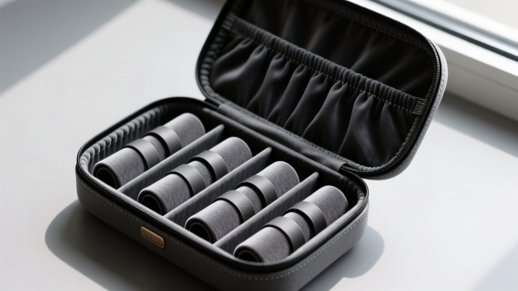 Top-down view of an open charcoal EVA-core jewelry organizer bag revealing sheared microfiber lining and elastic ring rolls