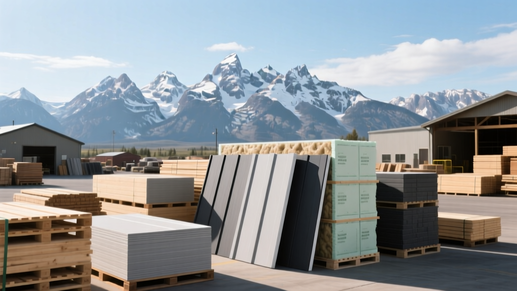 Pallets of fiber cement siding and rigid foam insulation at a Sugar City Idaho lumber yard with snowy Teton mountains in background