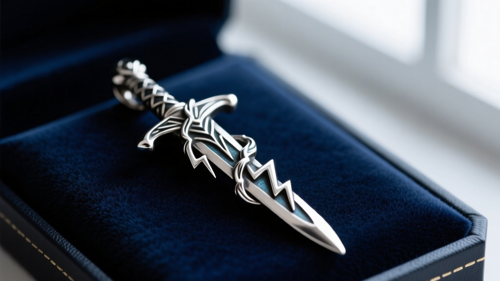 Close-up of an oxidized sterling silver pendant featuring a sword and lightning motif, resting on a dark velvet display pad.