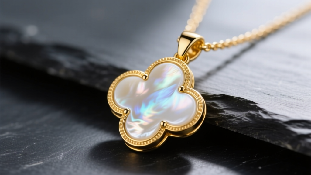 Close-up of an 18k yellow gold quatrefoil necklace pendant featuring polished white mother-of-pearl inlay resting on dark slate.