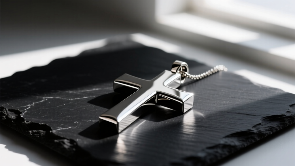 Highly polished mirror-finish stainless steel cross pendant resting on a matte black slate surface with dramatic side lighting
