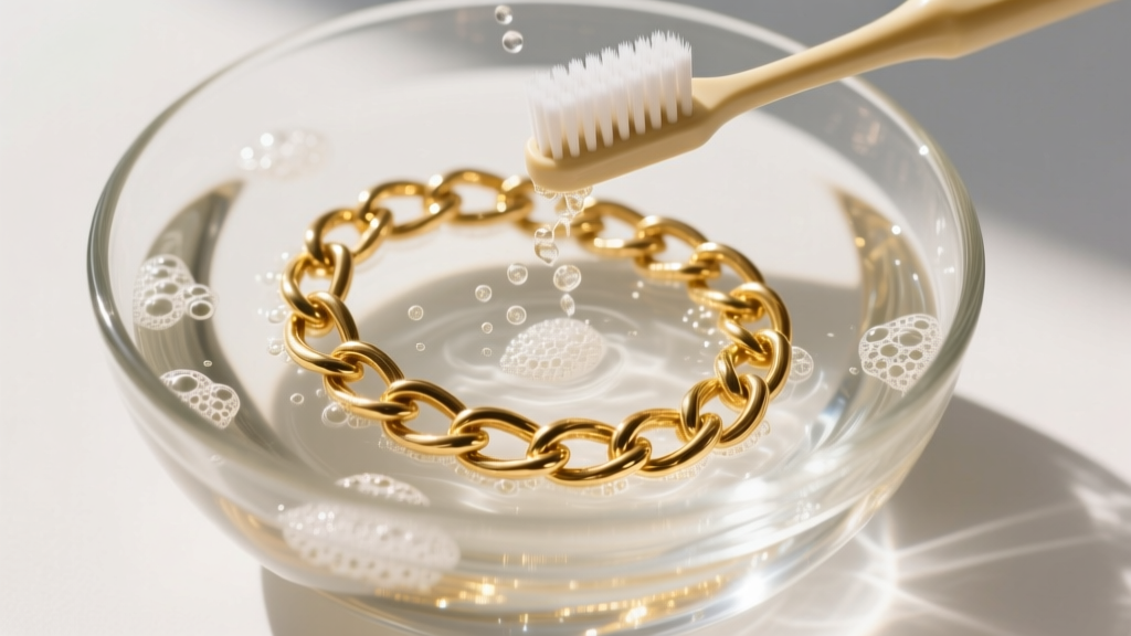 Overhead shot of a soft toothbrush gently scrubbing an 18k gold rope chain submerged in a glass bowl of soapy distilled water.