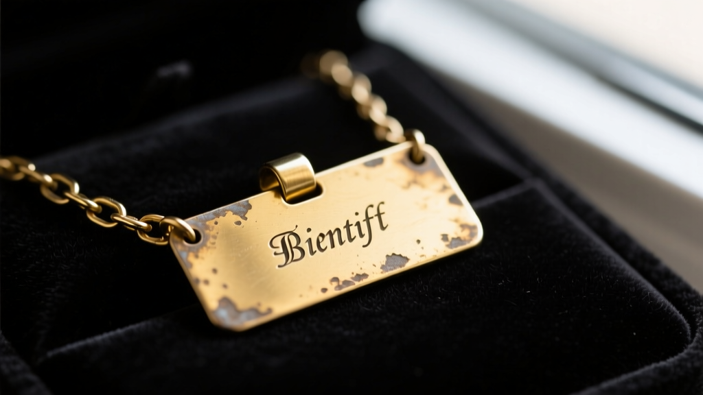 Close-up of a tarnished gold identity necklace nameplate on dark velvet, showing faded laser engraving and a weakened chain link.