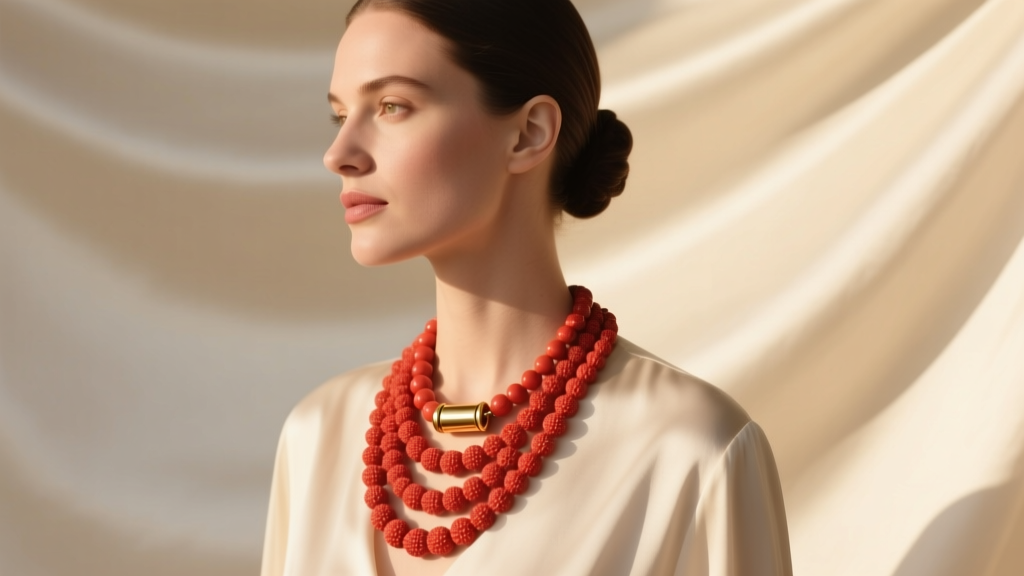 Elegant woman wearing a five-strand natural Mediterranean red coral necklace with a gold barrel clasp against a cream silk blouse