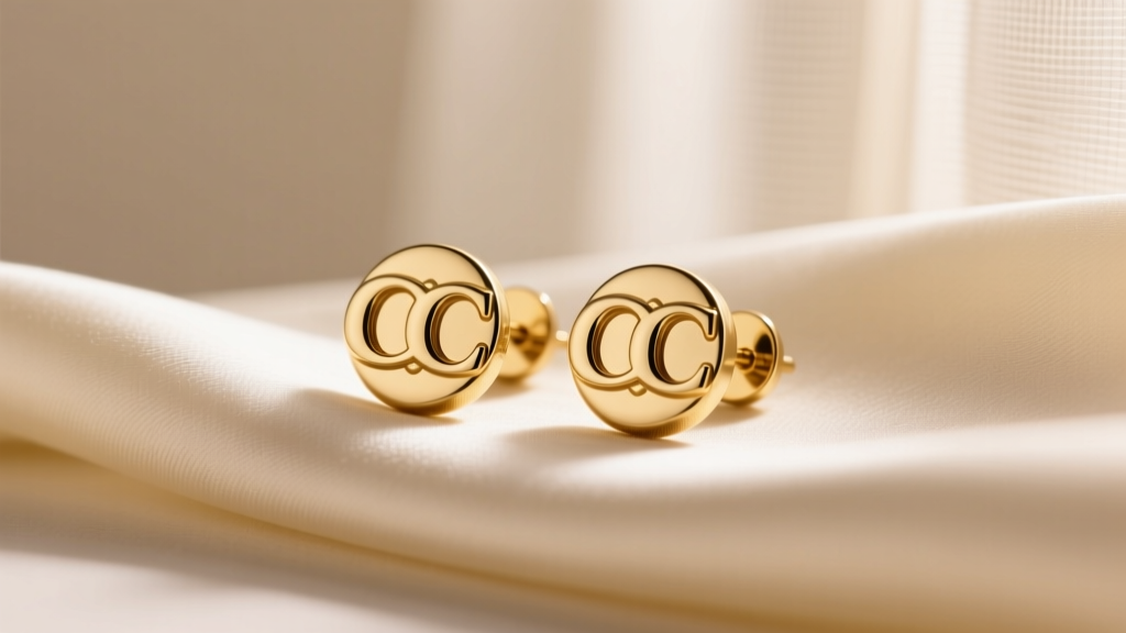 Close-up of gold-plated brass Coach stud earrings with the Signature C motif resting on cream silk fabric under soft warm lighting.
