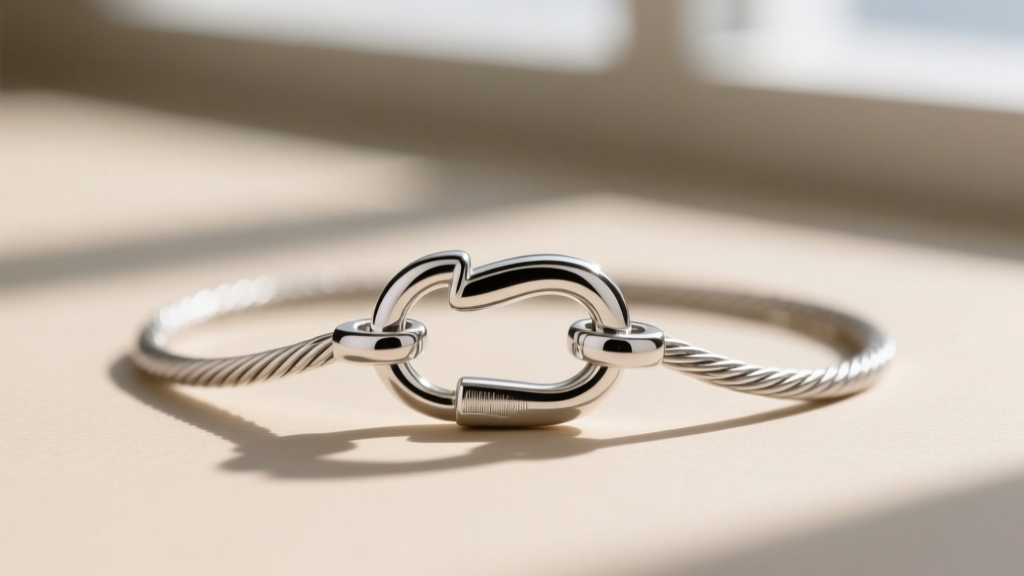 Extreme macro photography of a 925 sterling silver lobster clasp and 1.2mm cable chain, showing rhodium plating and crisp edges.