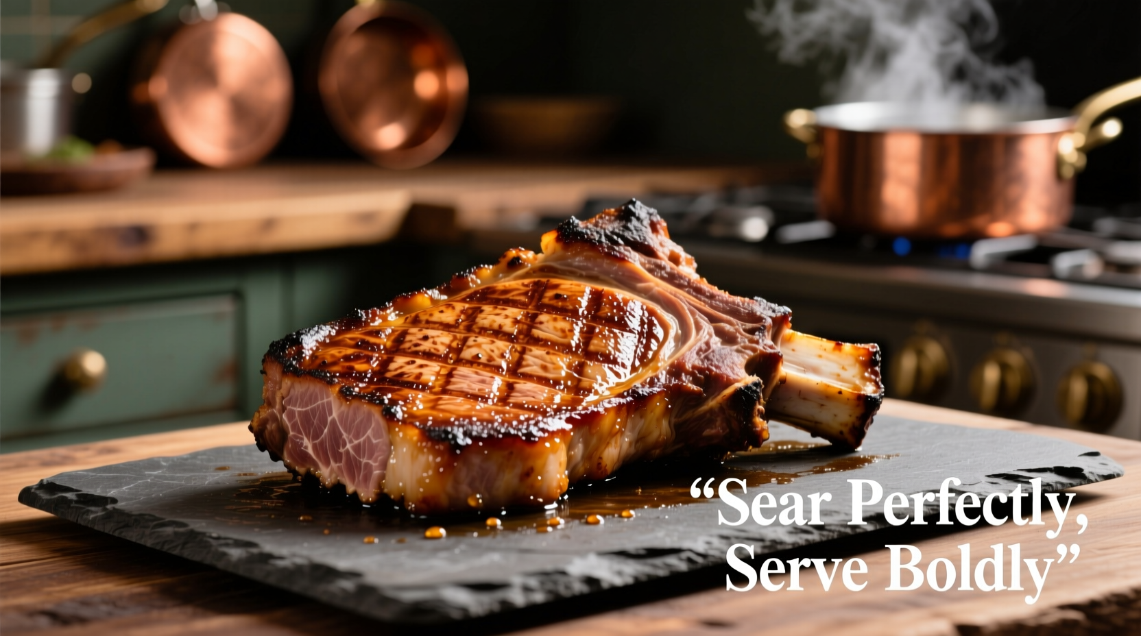 Perfectly seared pork shoulder steak with golden crust