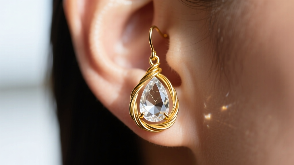 Close-up of a gold-filled wrapped wire earring on an ear, highlighting the secure wire cage holding a teardrop quartz