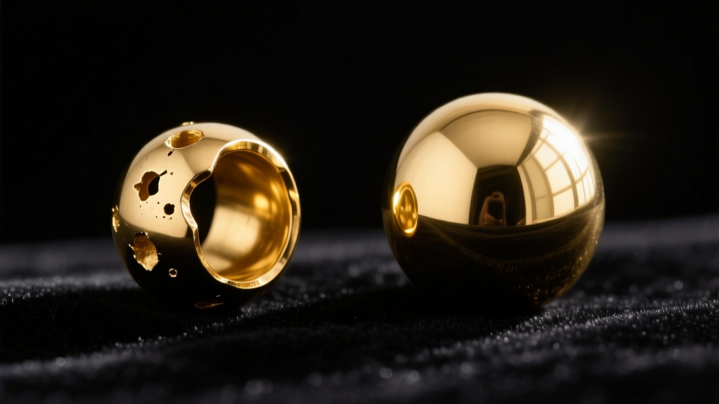 Macro photo comparing a dented hollow gold bead next to a flawless solid cast gold sphere resting on dark velvet.