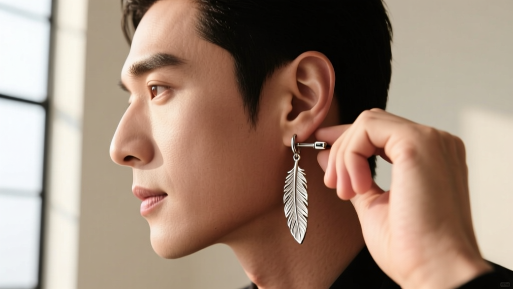 Side profile of a man adjusting a secure leverback closure on a lightweight titanium feather drop earring, bright natural light