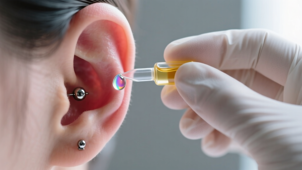 Macro shot of a gloved hand applying a drop of sterile saline and jojoba oil to a swollen earlobe around a trapped titanium stud