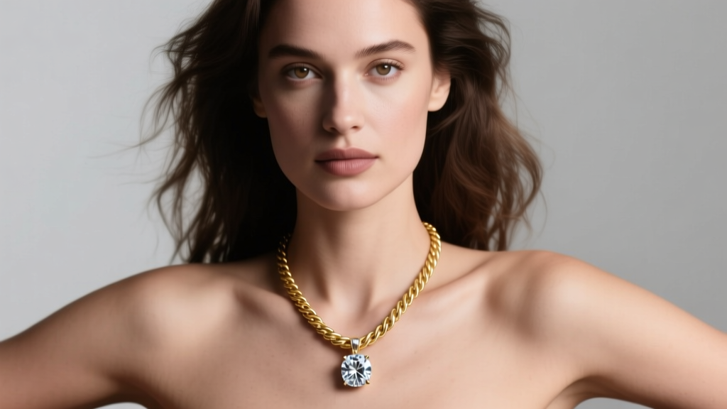 Woman wearing a 20-inch 18k gold rope chain with a diamond pendant, resting below the collarbone in soft studio lighting