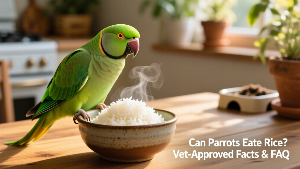 A vibrant green parrot perched beside a small bowl of cooked white rice