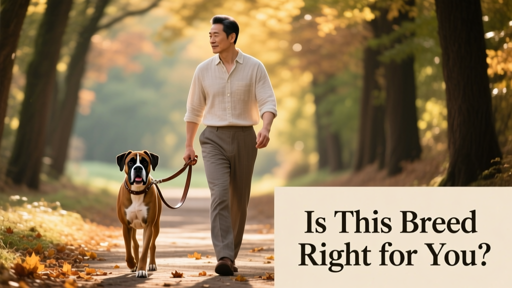 A calm, confident adult walking a well-behaved Boxer on leash along a tree-lined path