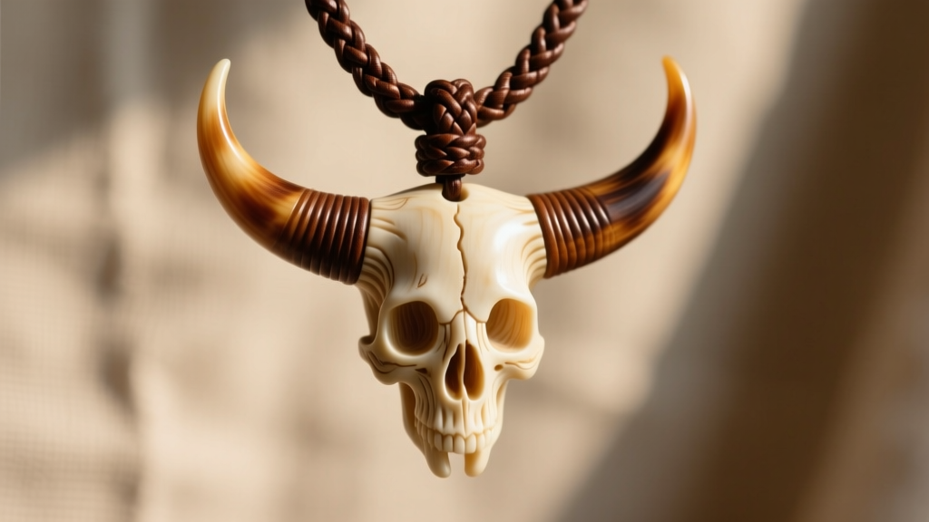 Macro shot of a carved cow horn pendant shaped like a skull on a braided leather cord, highlighting natural grain textures